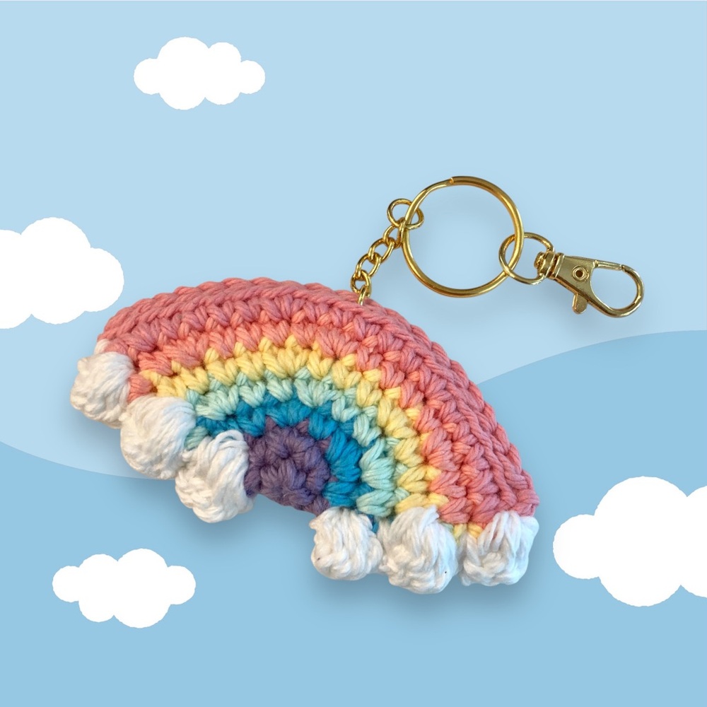 Hand Crafted Rainbow Keychain Bag Charm crocheted handmade with clouds pastel